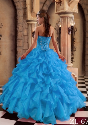 2014 Exclusive Aqua Blue Sweetheart Puffy Ruffles Quinceanera Dress with Beading