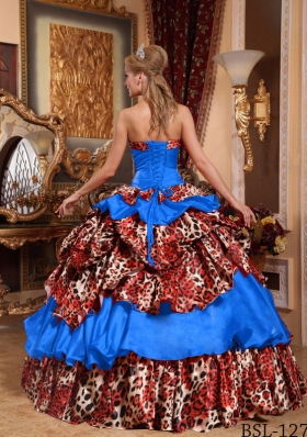 2014 Fashionable Blue Puffy Strapless  Quinceanera Dress with Taffeta and Leopard Pick-ups