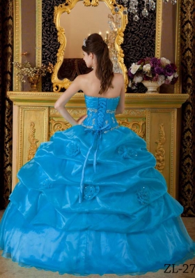 2014 Hot Teal Puffy Beading Quinceanera Dress with Appliques and Pick-ups