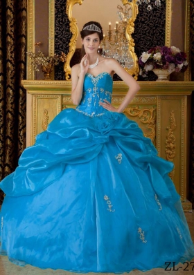 2014 Hot Teal Puffy Beading Quinceanera Dress with Appliques and Pick-ups