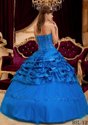 2014 Popular Blue Puffy Strapless Lace Quinceanera Dress with Appliques and Pick-ups