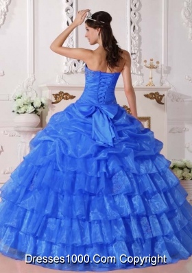 Affordable Blue Pick-ups Strapless for 2014 Appliques Quinceanera Dress with Ruffled Layers