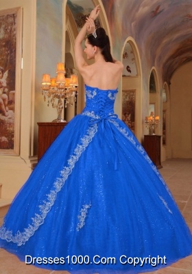 Blue Puffy Sweetheart for 2014 Lace Quinceanera Dress with Embroidery and Beading