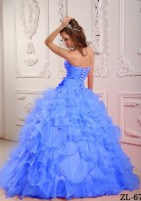 Blue Romantic Puffy Sweetheart Beading Quinceanera Dress with Hand Made Flower