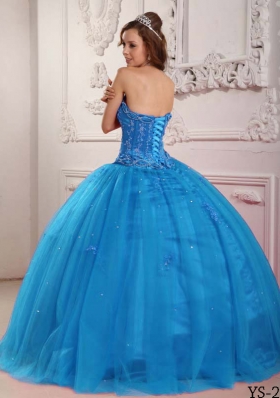 Elegant 2014 Teal Puffy Quinceanera Dress with Appliques and Beading