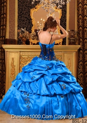 Elegant Blue Puffy Straps For 2014 Appliques Quinceanera Dress