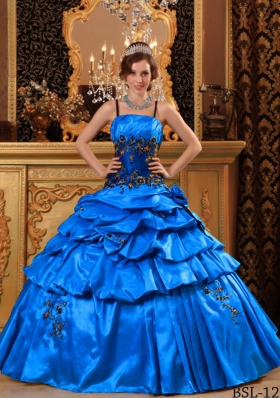 Elegant Blue Puffy Straps For 2014 Appliques Quinceanera Dress