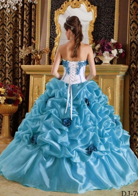 Perfect Blue Sweetheart Puffy Beading and Hand Made Flowers Quinceanera Dress for 2014