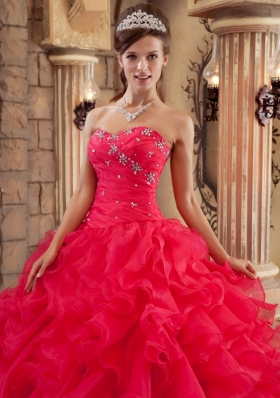 Coral Red Quinceanera Dress Sweetheart Puffy Ball Gown