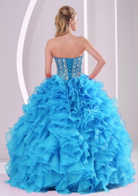 Aqua Blue Sweetheart Organza 2014 Quinceanera Gowns with Fitted Waist