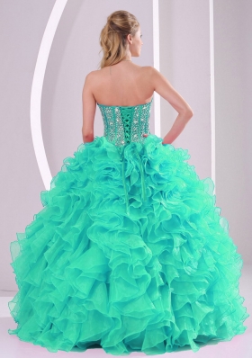 Fall Ball Gown Sweetheart Ruffles and Beaded Decorate Turquoise Quinceanera Gowns