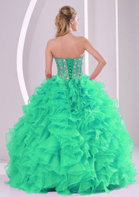 Green Ball Gown Sweetheart Ruffles and Beading Long Quinceanera Gowns in Sweet 16