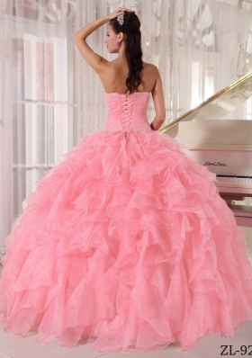 Pink Ball Gown Strapless Floor-length Organza Beading Quinceanera Dress