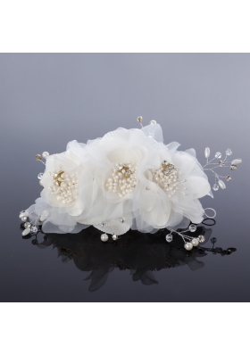 Beautiful Rhinestone Pearl Chiffon White Hair Flowers