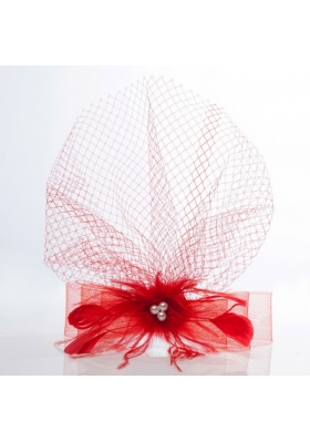 Romantic Red Feather Net Yarn Briadl Hat with Imitation Pearls