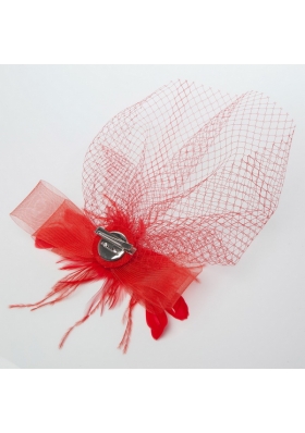 Romantic Red Feather Net Yarn Briadl Hat with Imitation Pearls