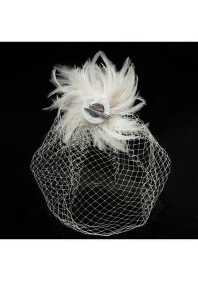 White Feather Elegant Net Yarn Briadl Hat with Imitation Pearls