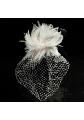 White Feather Elegant Net Yarn Briadl Hat with Imitation Pearls