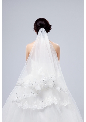 2014 Two-Tier Tulle Lace Appliques Edge Bridal Veils