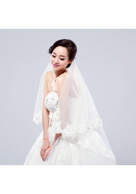 2014 Two-Tier Tulle Lace Appliques Edge Bridal Veils