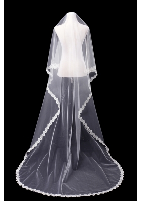 Angle Cut Two-Tier Lace Appliques Edge Chapel Bridal Veils