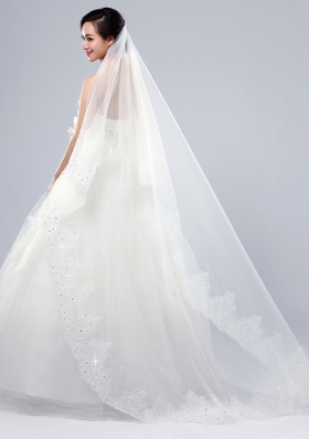 2014 One-Tier Tulle Lace Drop Veil Edge Bridal Veils