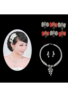 Amazing Alloy With Peals Wedding Jewelry Set Including Necklace Earrings And Headpiece