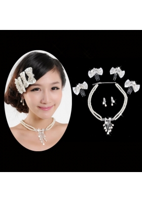 Amazing Alloy With Peals Wedding Jewelry Set Including Necklace Earrings And Headpiece