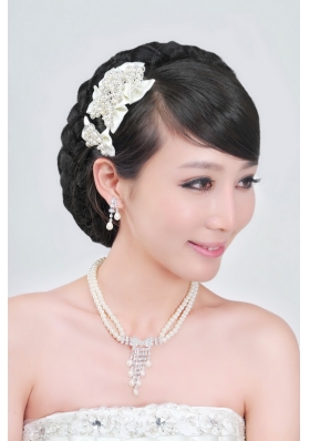 Amazing Alloy With Peals Wedding Jewelry Set Including Necklace Earrings And Headpiece