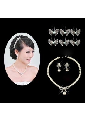 Beautiful Alloy With Peals Wedding Jewelry Set Including Necklace Earrings And Headpiece