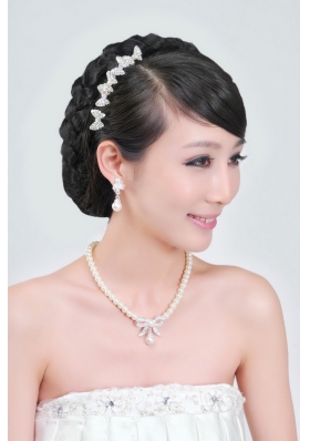 Beautiful Alloy With Peals Wedding Jewelry Set Including Necklace Earrings And Headpiece