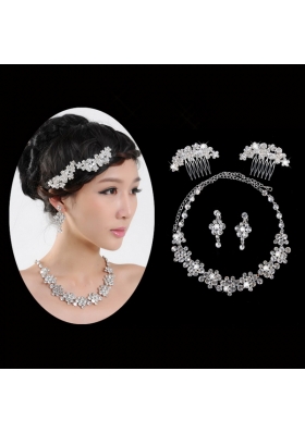 Beautiful Alloy With Rhinestone Anniversary Jewelry Set Including Necklace Earrings And Jewelry Comb