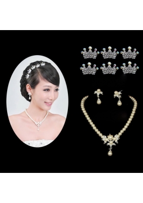 Elegant Alloy With Pearl Wedding Jewelry Set Including Necklace Earrings And Headpiece