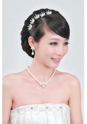 Elegant Alloy With Pearl Wedding Jewelry Set Including Necklace Earrings And Headpiece