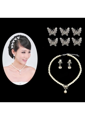 Fashionable Alloy WithPearls Wedding Jewelry Set Including Necklace Earrings And Headpiece