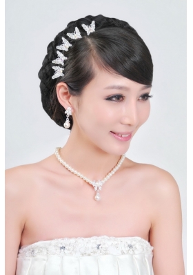 Fashionable Alloy WithPearls Wedding Jewelry Set Including Necklace Earrings And Headpiece