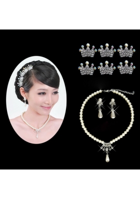 Gorgeous Alloy with Pearls Wedding Jewelry Set Including Necklace Earrings and Tiaras