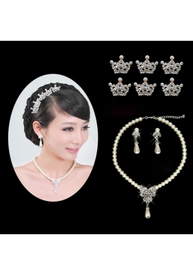 Gorgeous Alloy With Rhinestone Pearls Jewelry Set Including Necklace Earrings and Tiara