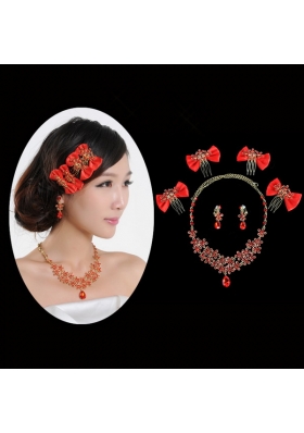 Red Alloy and Imitation Jewelry Set Including Necklace And Earrings