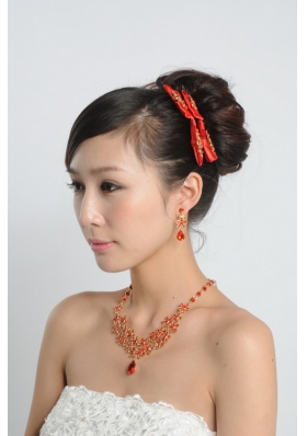 Red Alloy and Imitation Jewelry Set Including Necklace And Earrings