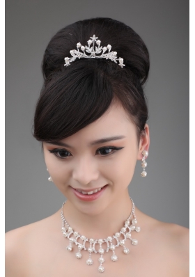 Rhinestone Wedding Jewelry Set In Alloy Including Necklace Earrings And Crown