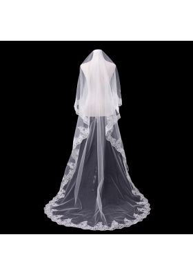 Two-Tier Tulle White Bridal Veils with Lace Edge