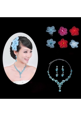 Blue Crystal Round Shaped Jewelry Set Including Necklace And Headflower