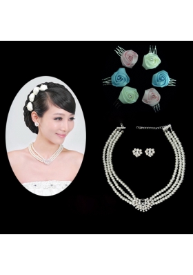 Vintage Style Pearl With Rhinestons Necklace Earring and Headpiece Set