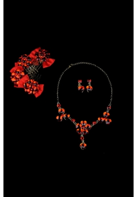 Heart In Heart Red Artistic Jewelry Set Including Necklace And Headpiece