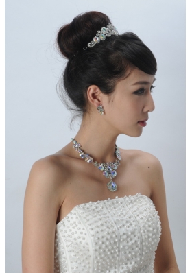 Multi Color Crystal Round Shaped Jewelry Set Including Necklace,Tiara