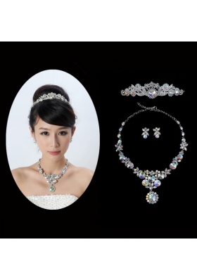 Multi Color Crystal Round Shaped Jewelry Set Including Necklace,Tiara