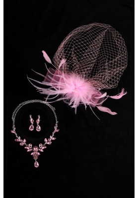 Pink Luxurious Rhinestone Ladies' Jewelry Set Including Necklace And Headpiece