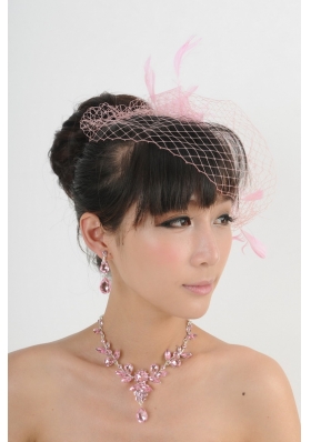 Pink Luxurious Rhinestone Ladies' Jewelry Set Including Necklace And Headpiece