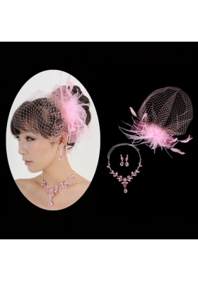 Pink Luxurious Rhinestone Ladies' Jewelry Set Including Necklace And Headpiece